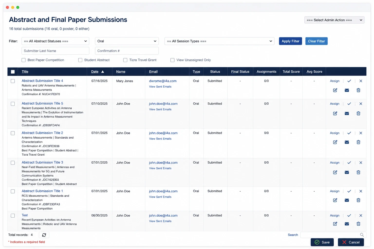 Abstract and Final Paper Submissions admin showing 16 oral submissions with filters for status, session type, and special tracks (Best Paper Competition, Student Abstract, Travel Grant), submitter details, confirmation numbers, reviewer assignments, total and average scores