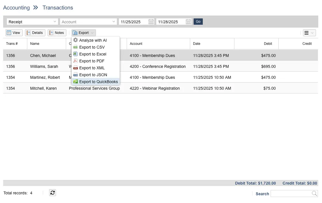 Association Accounting Transactions screen showing QuickBooks export capabilities