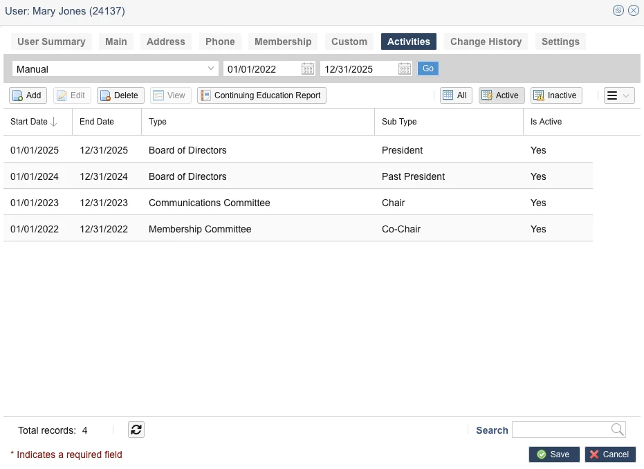 Member profile showing committee assignment history