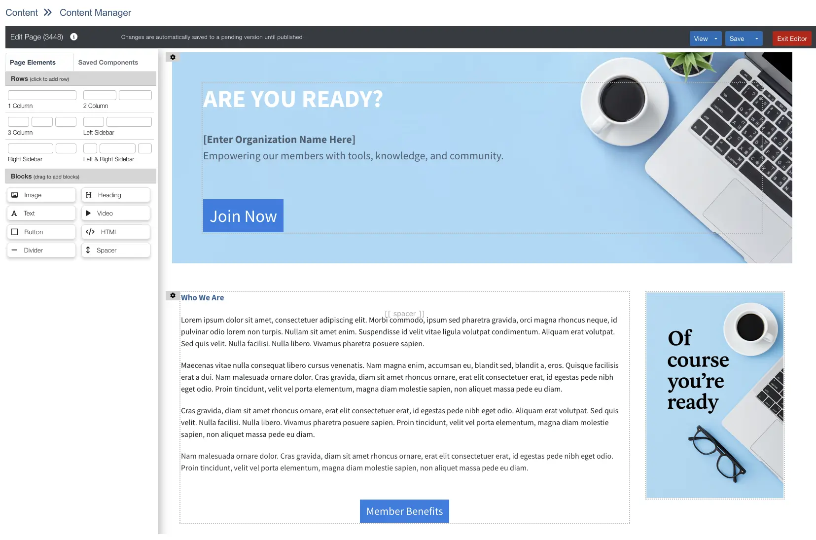 Drag-and-drop page editor interface showing content blocks and layout options