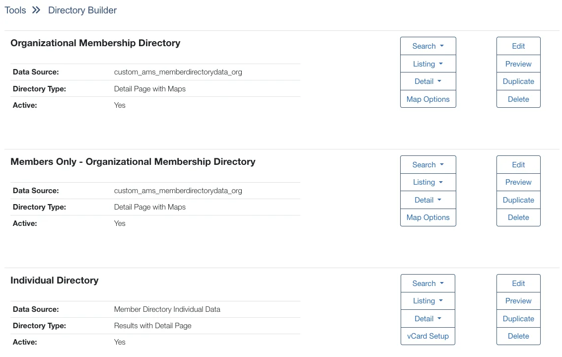 Three directory styles showing listing, detail page, and map views