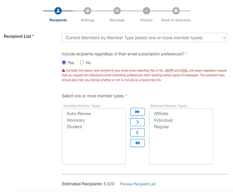 Email campaign showing integrated member segments