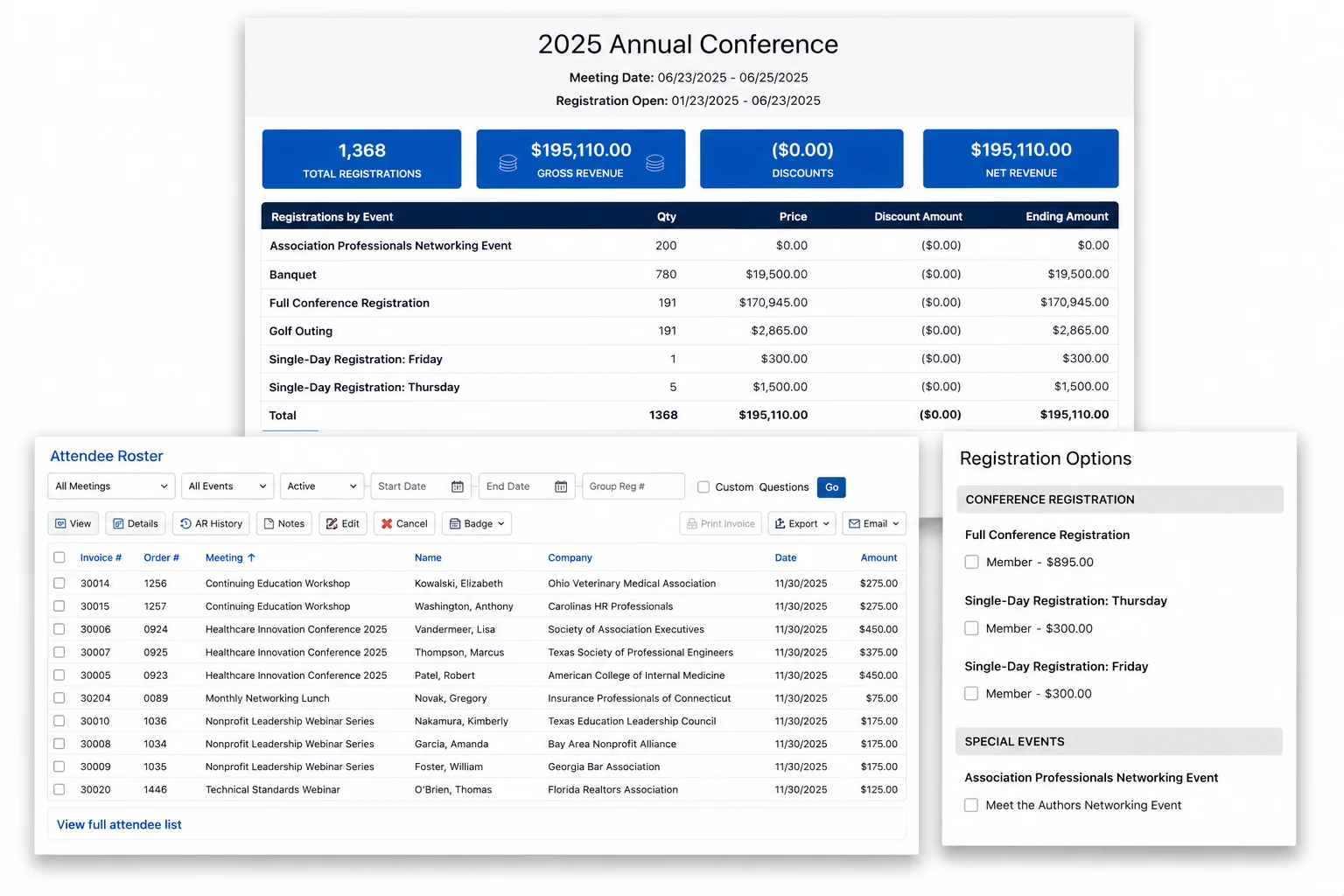 Event management dashboard showing 2025 Annual Conference revenue summary with 1,368 registrations and $195,110 net revenue, attendee roster with diverse association names, and registration options with member pricing tiers