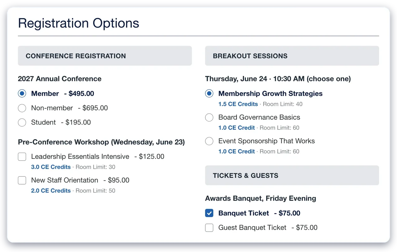 i4a event registration page for a 2027 annual conference: member, non-member and student pricing, pre-conference workshops and breakout sessions with CE credits and room limits, and banquet tickets