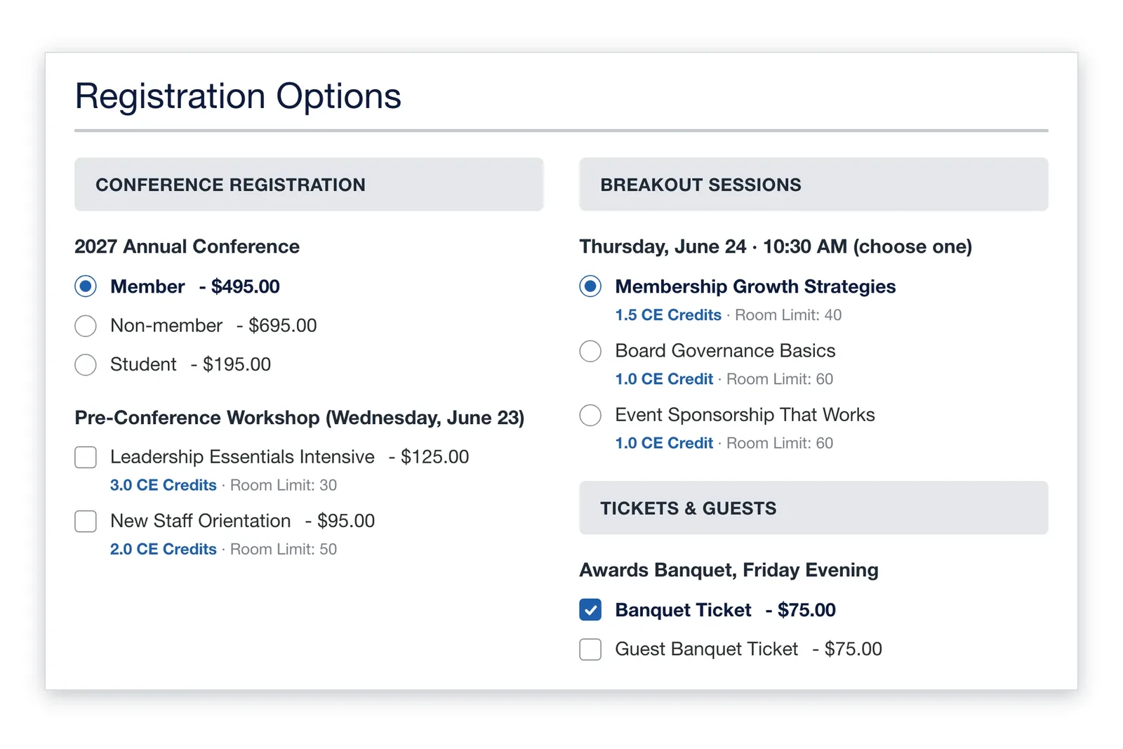 i4a event registration page for a 2027 annual conference: member, non-member and student pricing, pre-conference workshops and breakout sessions with CE credits and room limits, and banquet tickets