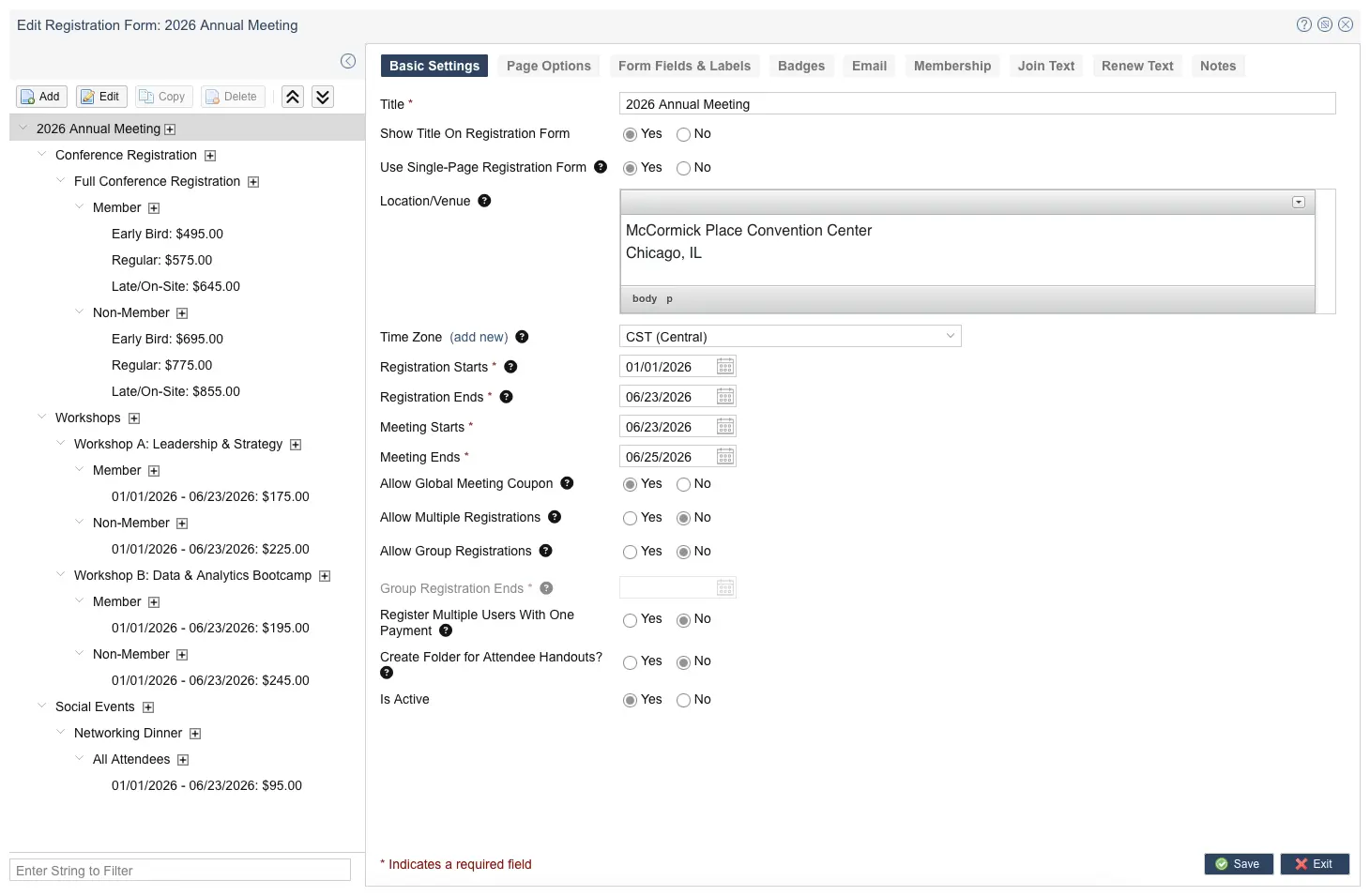 Association management software event setup dashboard showing registration form options
