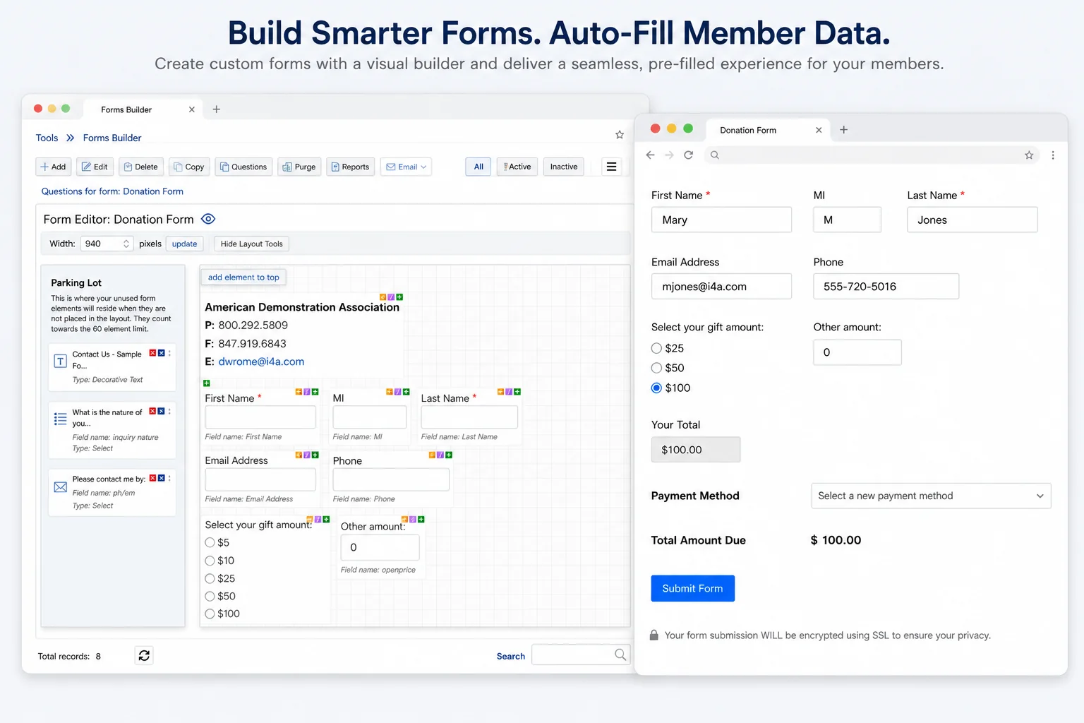 i4a Forms Builder visual editor showing a Donation Form with parking lot and layout tools alongside the public-facing donation form preview with auto-filled member name, email, and phone fields and gift amount selection