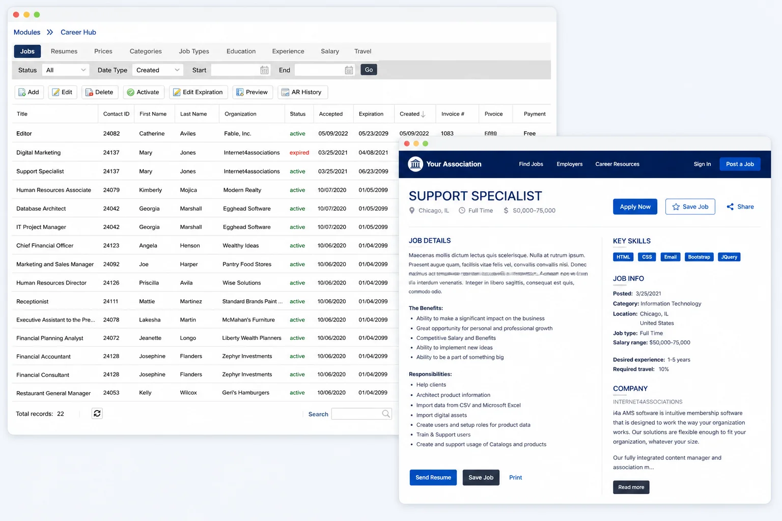 i4a association job board admin dashboard showing 22 job listings with diverse companies, payment statuses, and revenue tracking, alongside a public job posting view for a Support Specialist role with apply, save, and share buttons