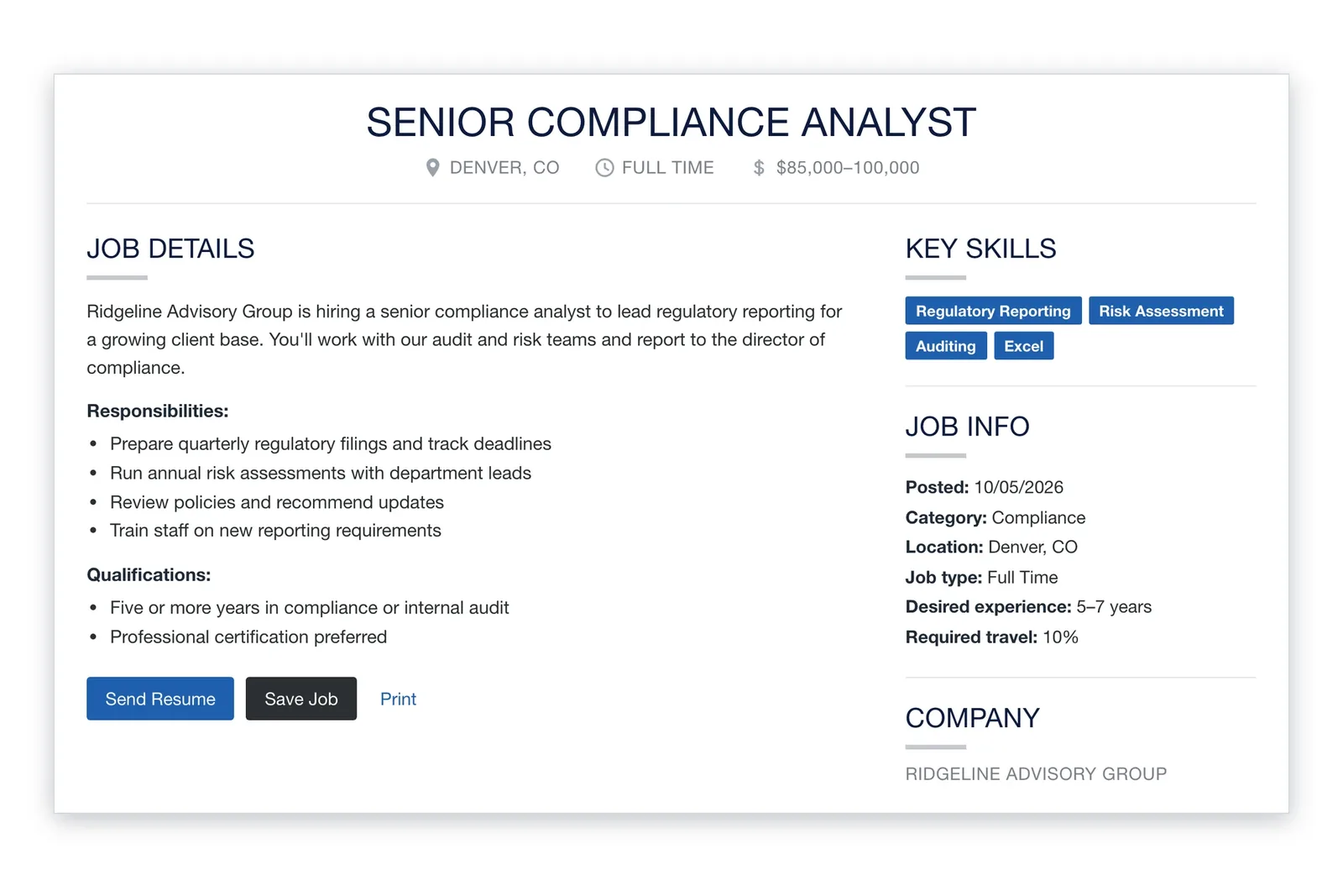 i4a career center job posting for a Senior Compliance Analyst: location, job type and salary, job details with responsibilities and qualifications, key skills, job info, company, and Send Resume and Save Job buttons