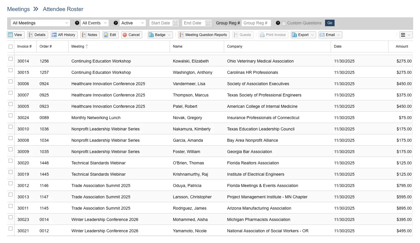 Attendee roster showing registration details and payment status