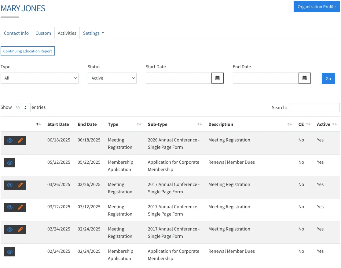 Member activity history showing events, transactions, and CE credits