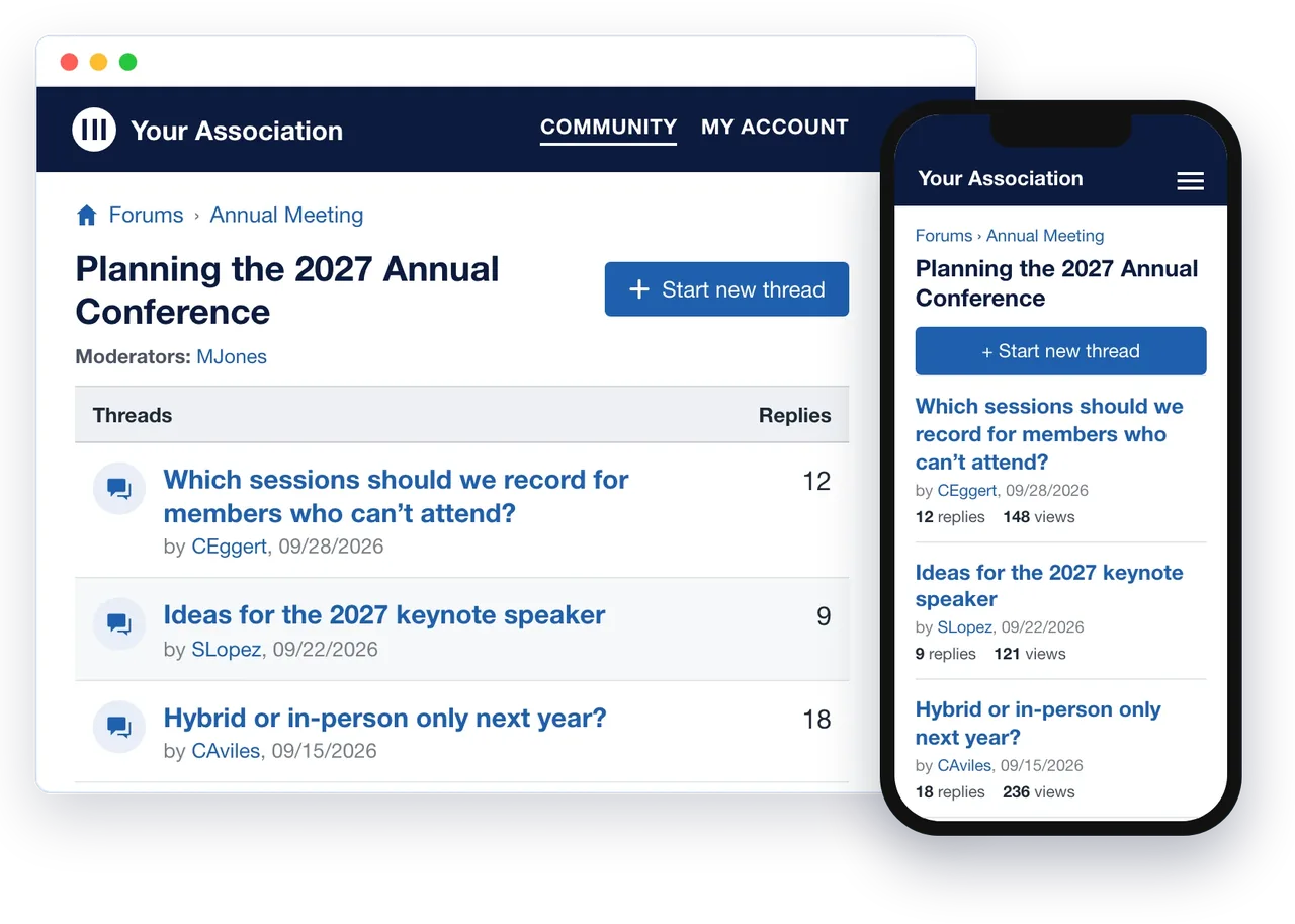 i4a member community discussion forum for planning an annual conference, with threads and replies, shown in a browser and on a phone