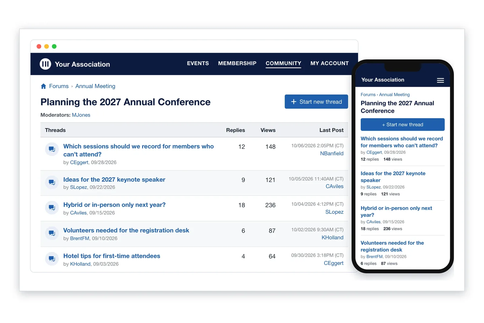 i4a member community discussion forum for planning an annual conference, with threads, replies, views and latest posts, shown on desktop and on a phone