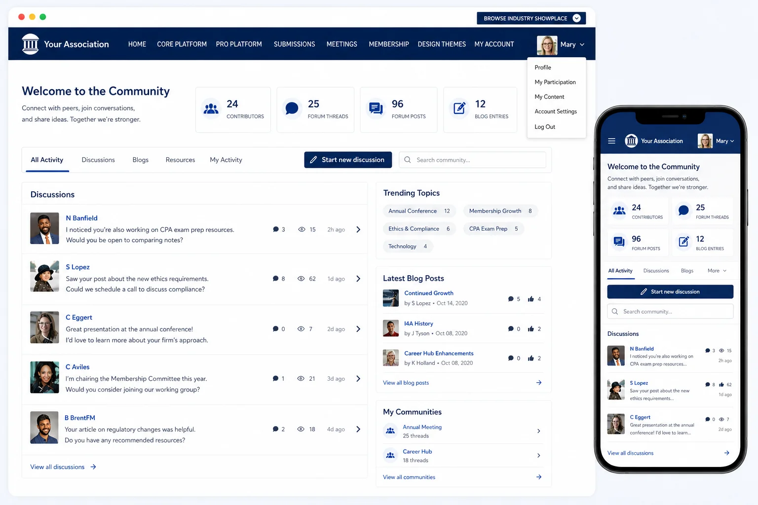 Member community welcome page on desktop and mobile showing discussion forums, trending topics, member blogs, and active conversations