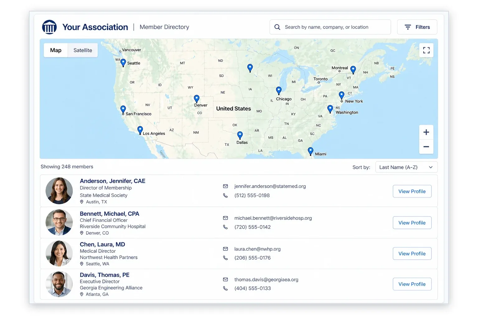 i4a association member directory with an interactive map of member locations above a sortable list of member profiles with photos, titles, organizations and contact details