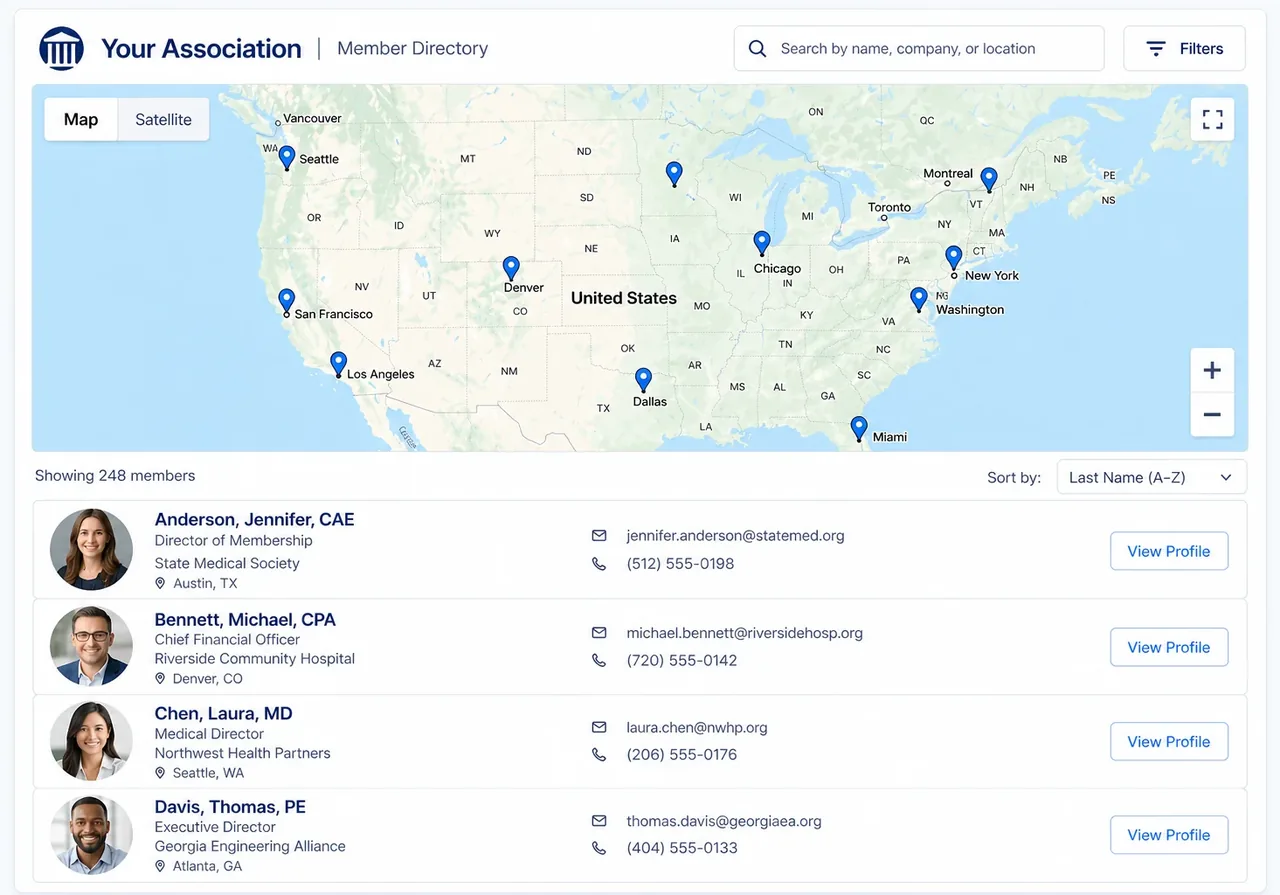 i4a association member directory interface: a searchable Member Directory with an interactive Google Map showing member location pins across the United States above a sortable list of member profiles with photos, names, titles, organizations, email addresses, phone numbers, and city locations.
