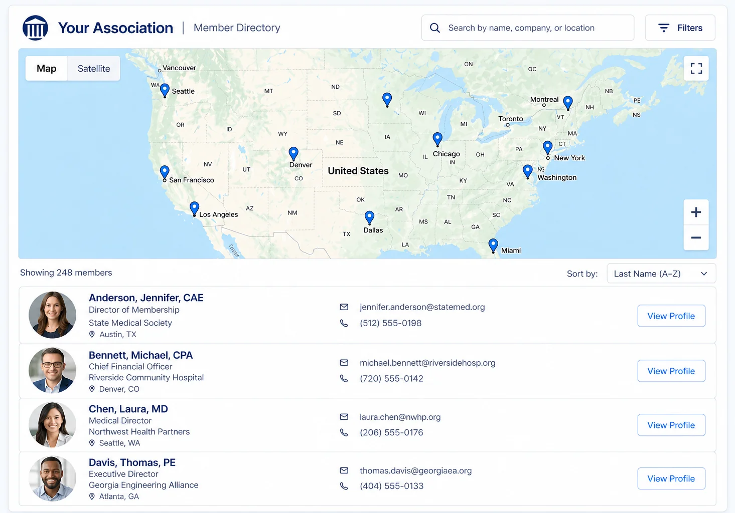 i4a association member directory interface: a searchable Member Directory with an interactive Google Map showing member location pins across the United States above a sortable list of member profiles with photos, names, titles, organizations, email addresses, phone numbers, and city locations.