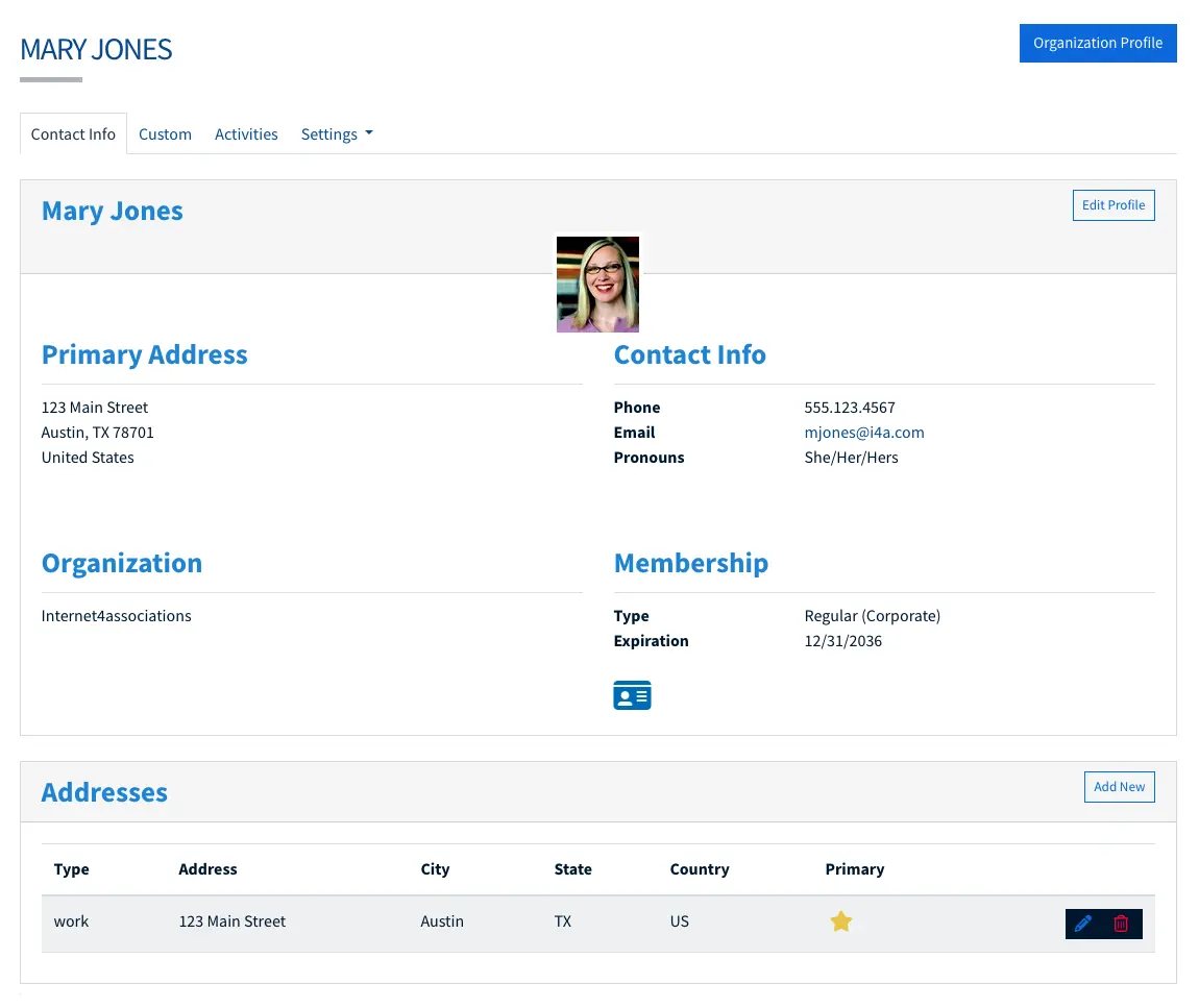 Association management software member profile view showing contact information and membership details in i4a AMS