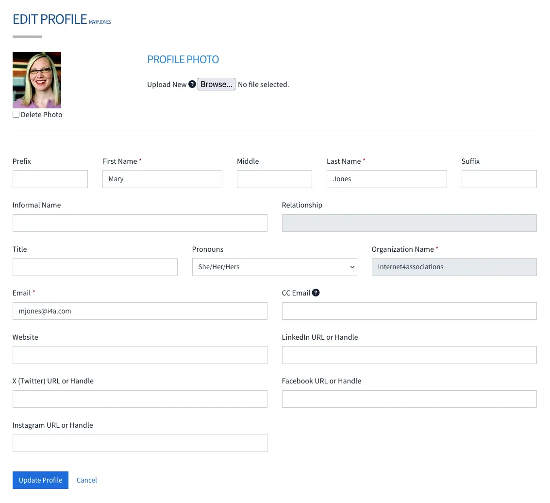 Member profile editing interface
