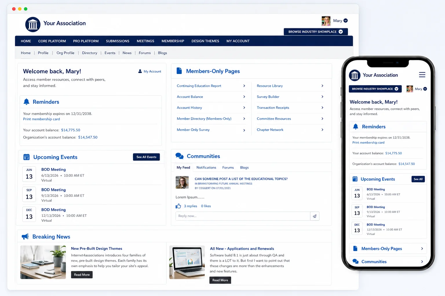 i4a association member portal showing a personalized member dashboard with welcome message, reminders for membership expiration and account balance, upcoming events, members-only resource links (Continuing Education Report, Account Balance, Member Directory, Resource Library), and a community feed - alongside a mobile preview of the same portal on a phone.