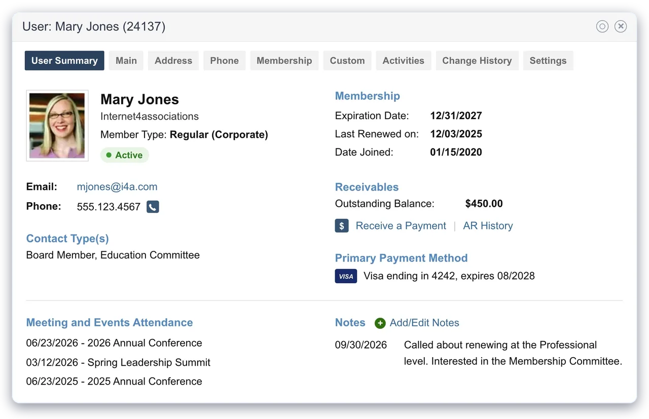 i4a member record showing an active member's member type, expiration and renewal dates, outstanding balance and card on file, contact types, event attendance and staff notes in one place