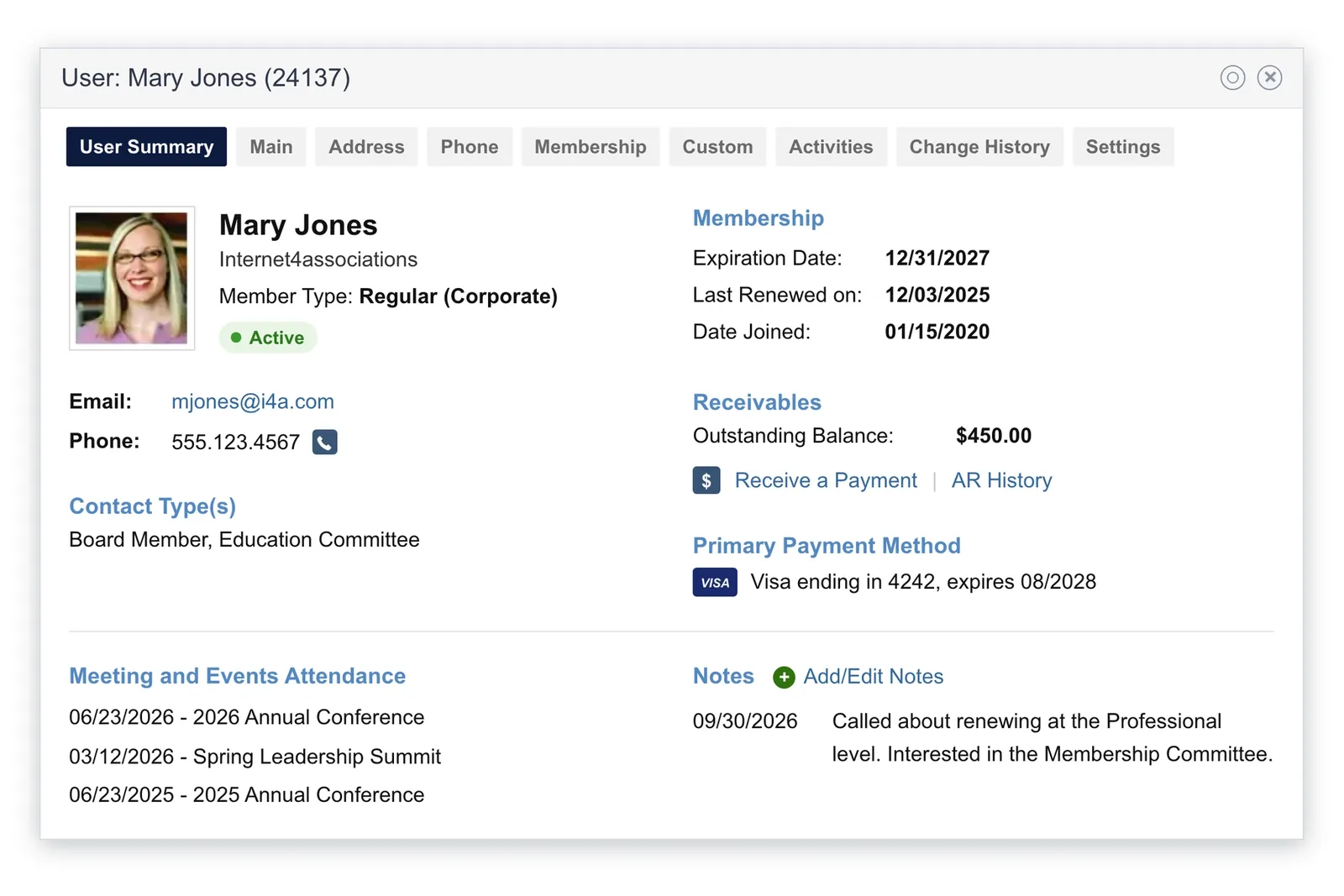 i4a member record showing an active member's member type, expiration and renewal dates, outstanding balance and card on file, contact types, event attendance and staff notes in one place
