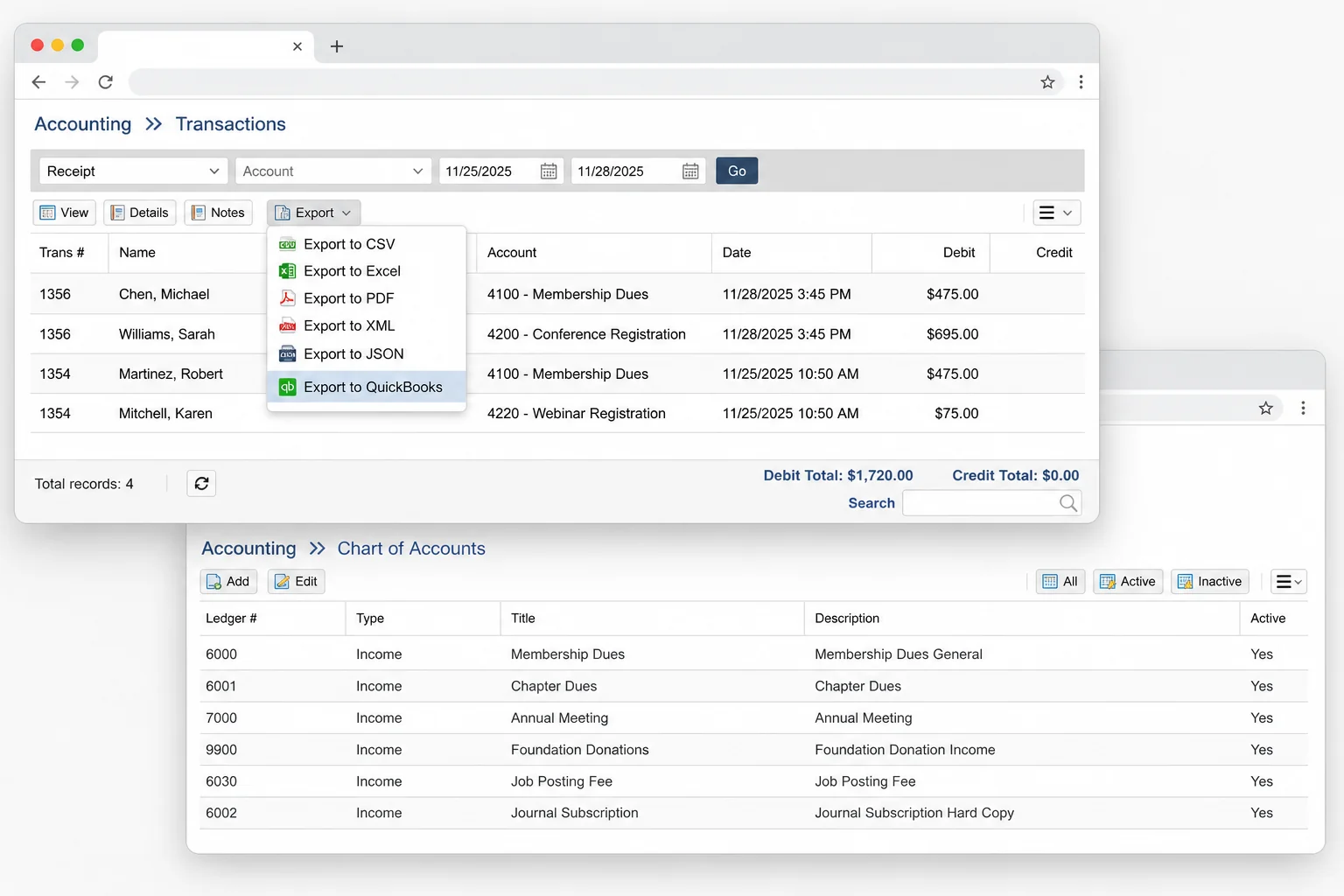 i4a Accounting admin showing the Transactions report with the Export menu open and Export to QuickBooks highlighted alongside CSV, Excel, PDF, XML, and JSON options, plus the Chart of Accounts admin with association GL accounts including Membership Dues, Chapter Dues, Annual Meeting, Foundation Donations, and Job Posting Fee