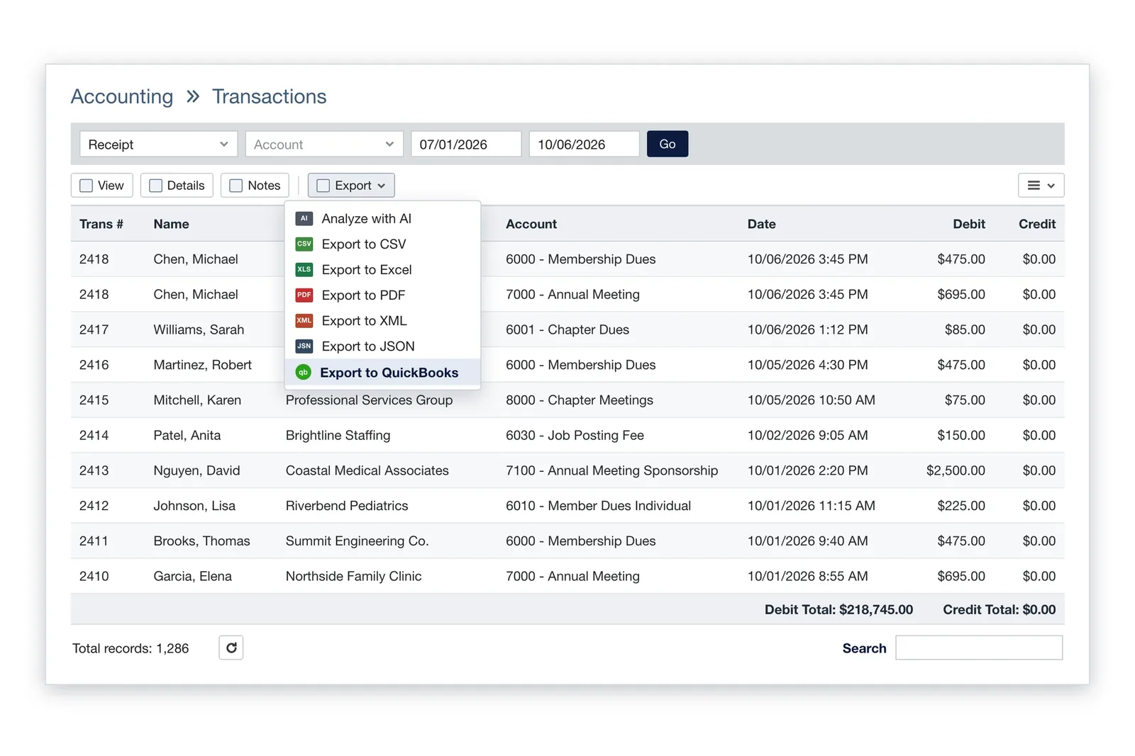 i4a Accounting Transactions report listing member payments, each coded to a GL account such as Membership Dues, Chapter Dues and Annual Meeting, with the Export menu open and Export to QuickBooks highlighted