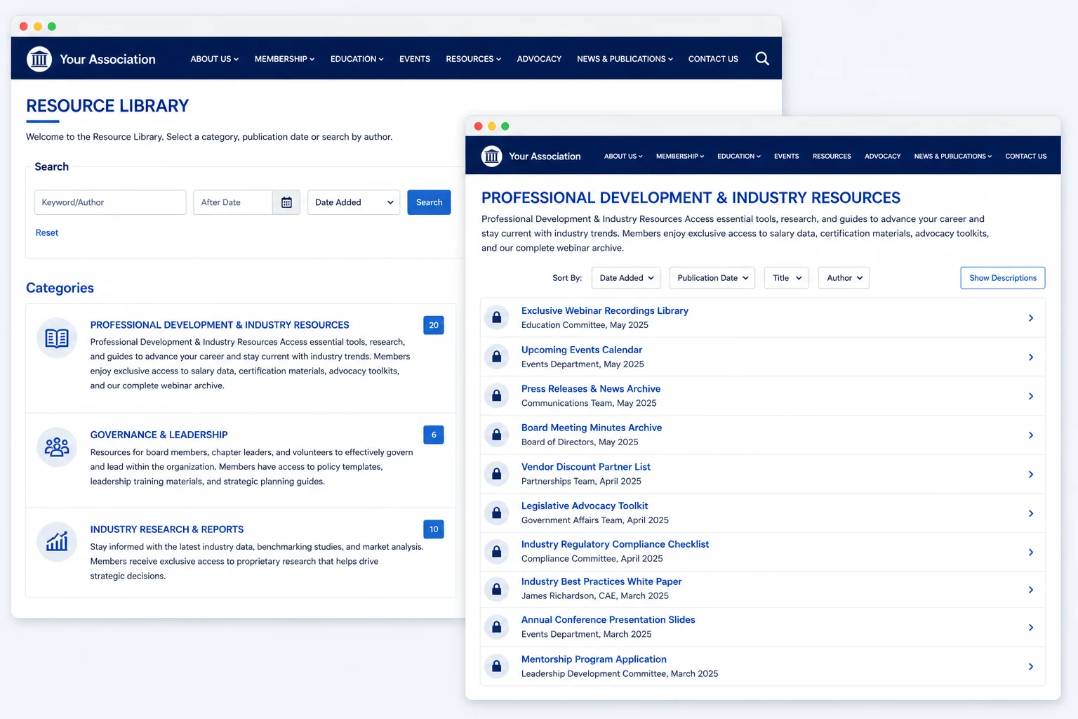 Association Resource Library on the public website showing categorized member content (Professional Development & Industry Resources, Governance & Leadership, Industry Research & Reports) alongside a locked-content view with sortable resources like Legislative Advocacy Toolkit, Industry Best Practices White Paper, and Mentorship Program Application