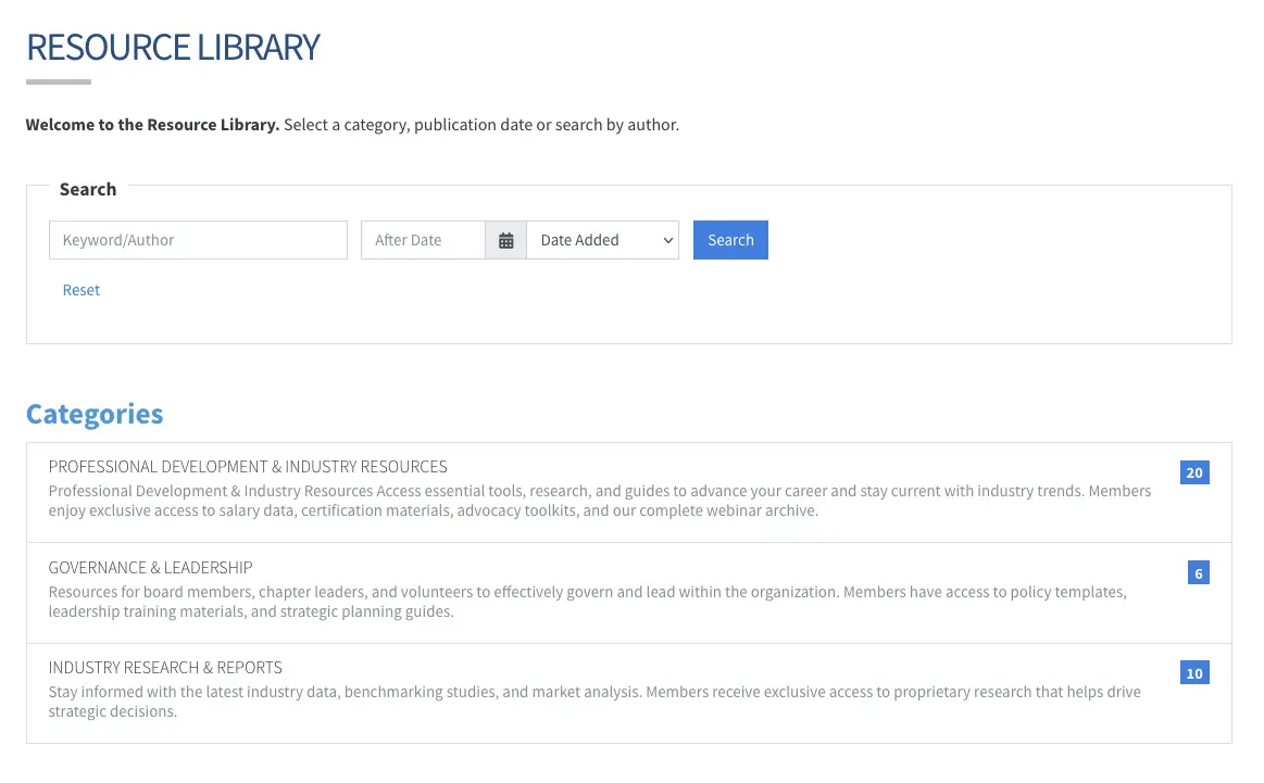 Resource library keyword search and sorting options