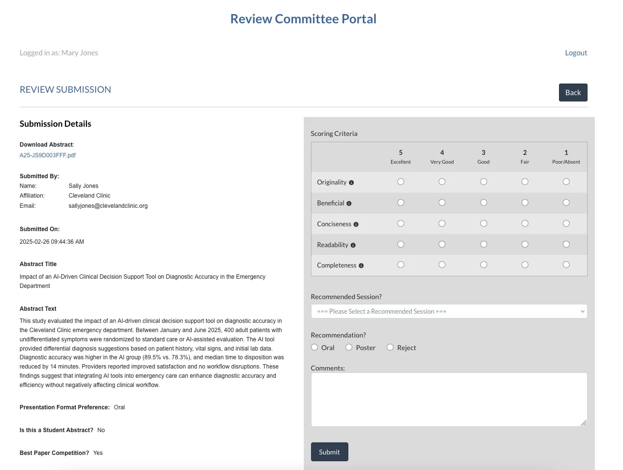 Reviewer portal with scoring interface