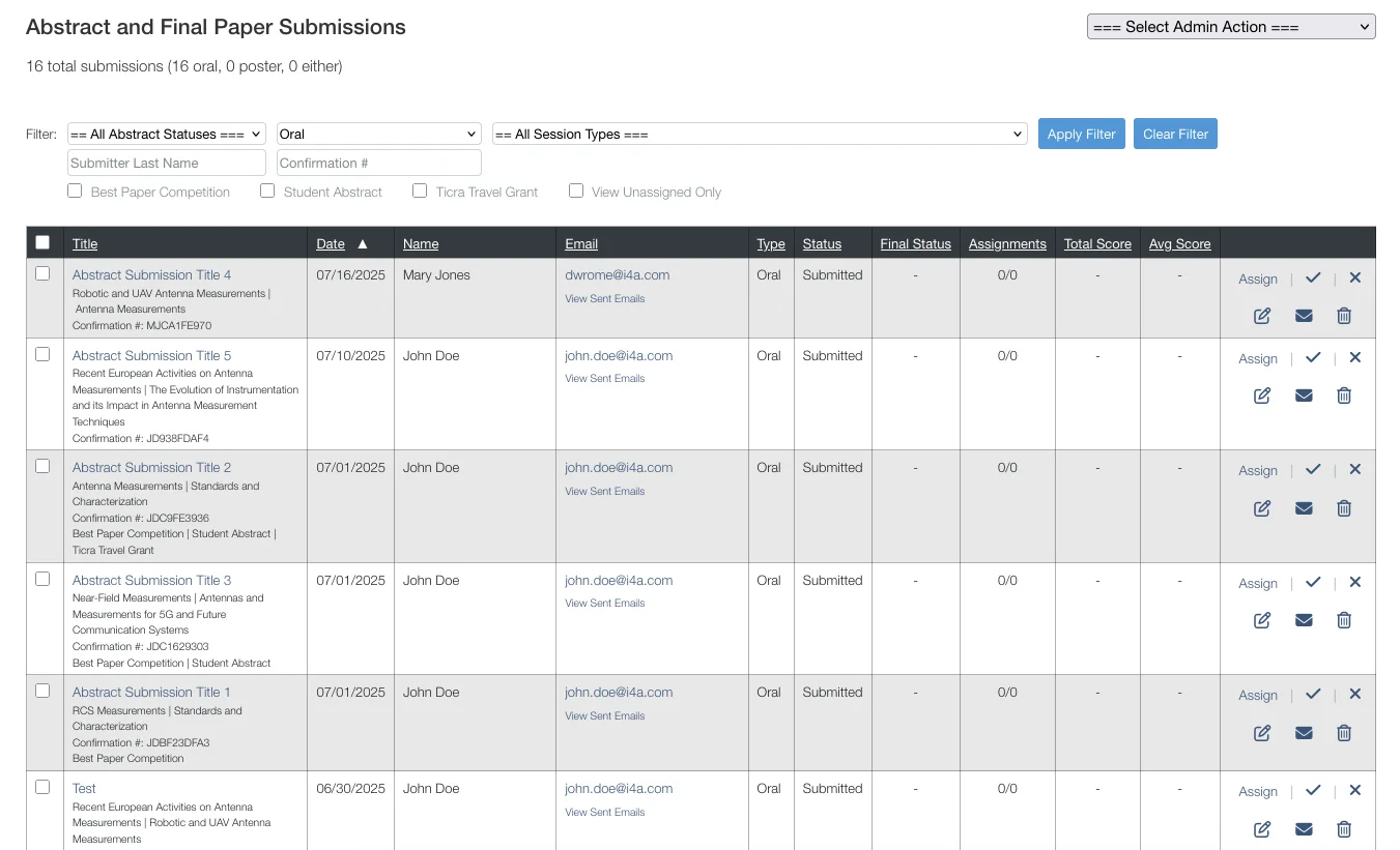 Submissions admin interface showing submission management dashboard