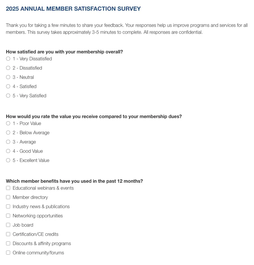 Association survey builder form showing intro text and membership satisfaction survey questions