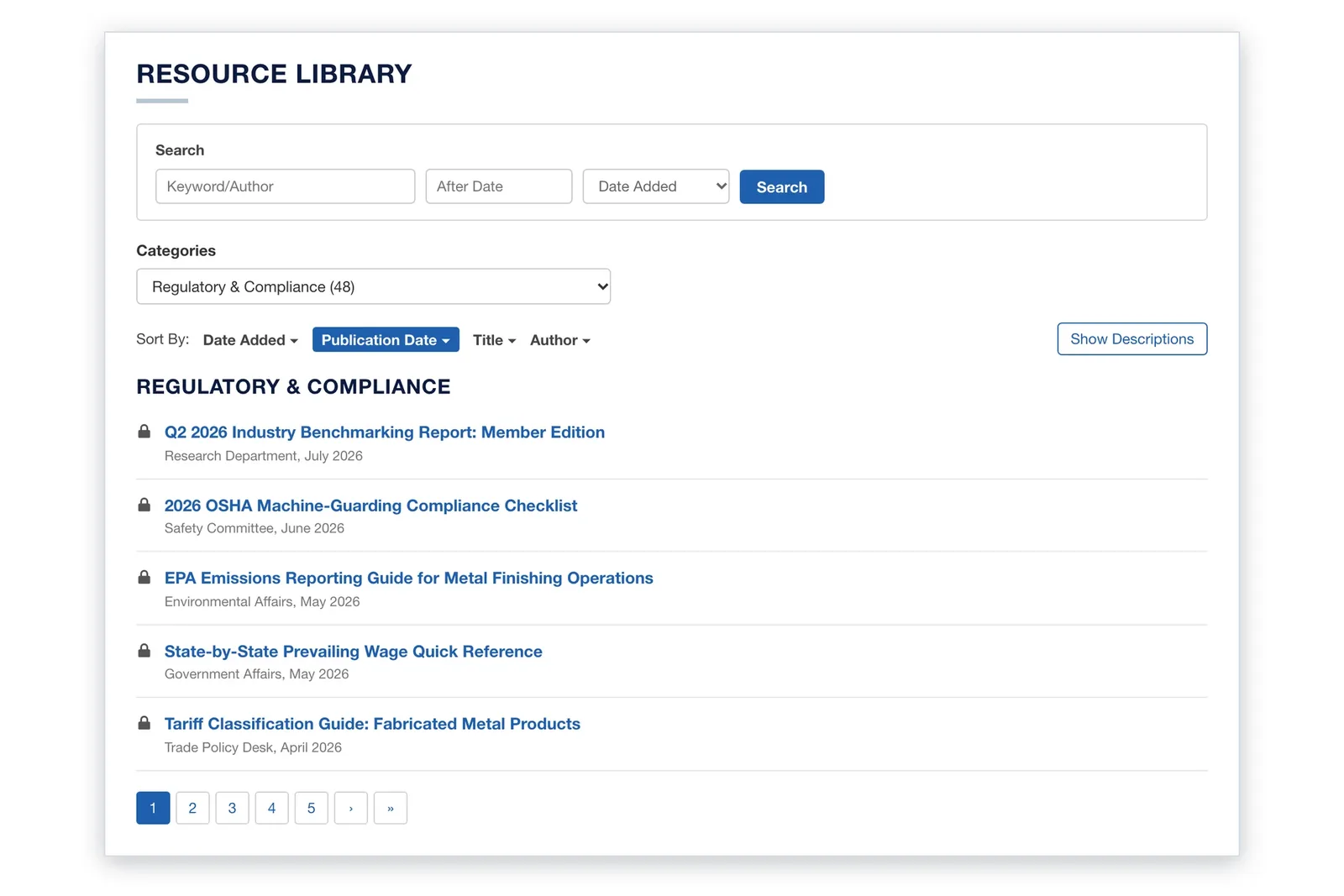 Resource library in i4a trade association software with regulatory and compliance documents, keyword search and category filter