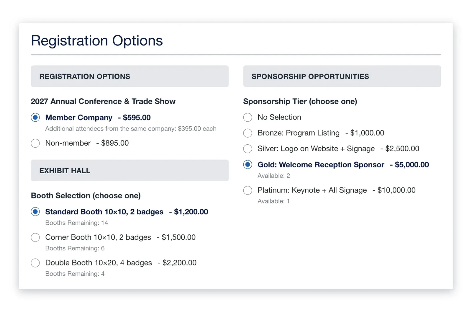 i4a trade show registration options: member company and non-member pricing, exhibit hall booths with booths remaining, and bronze to platinum sponsorship tiers with availability