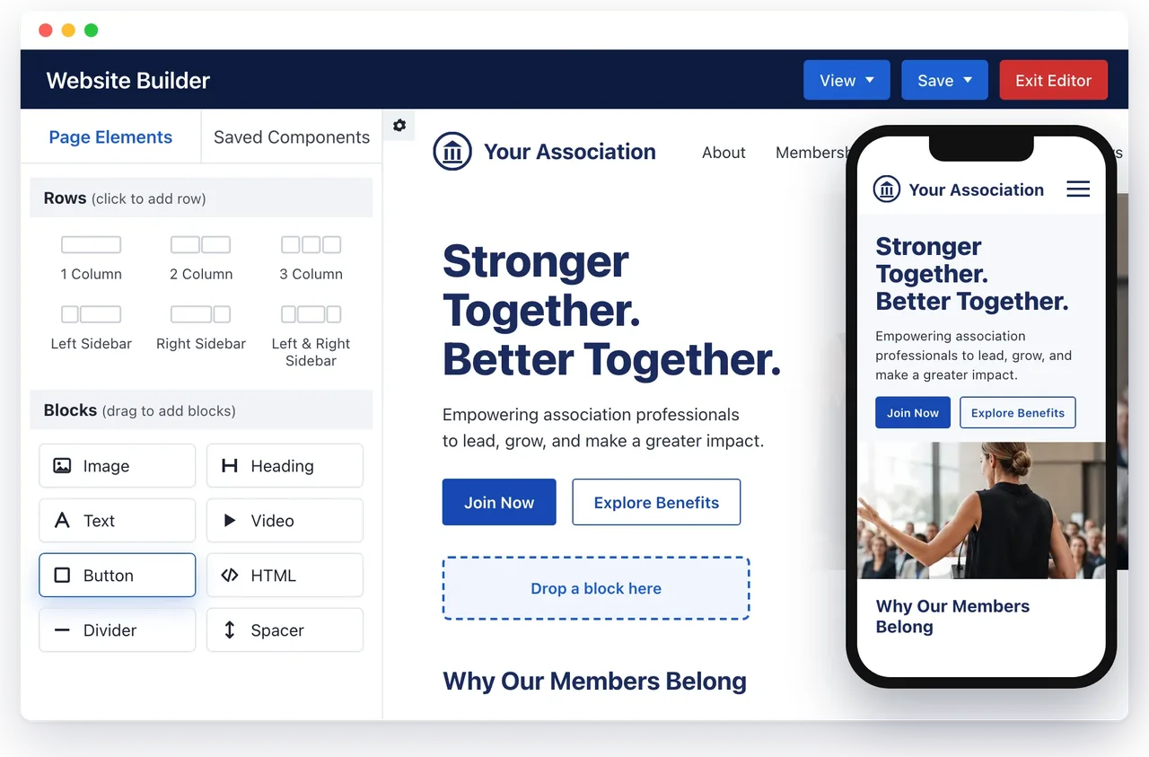 i4a Website Builder with the drag-and-drop Page Elements panel (row layouts and blocks such as image, heading, text, video and button) editing an association home page, shown next to the same page on a phone