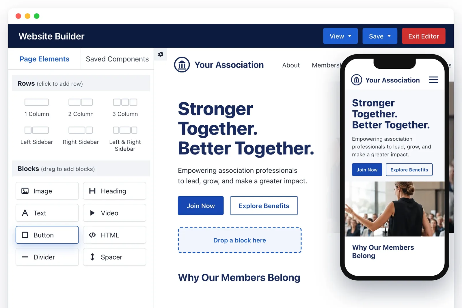 i4a Website Builder with the drag-and-drop Page Elements panel (row layouts and blocks such as image, heading, text, video and button) editing an association home page, shown next to the same page on a phone