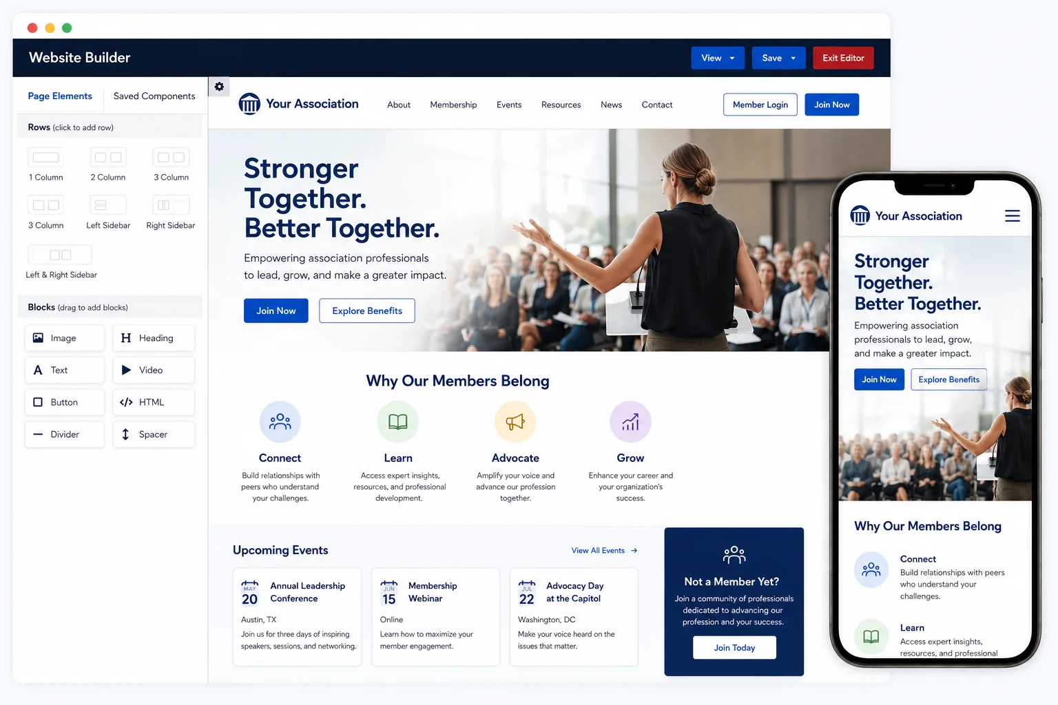 i4a association website builder: drag-and-drop Content Manager on the left with page elements (rows, image, heading, text, video, button, HTML, divider, spacer blocks) and a sample association website hero in the editor pane, alongside a mobile preview of the rendered association website on the right.