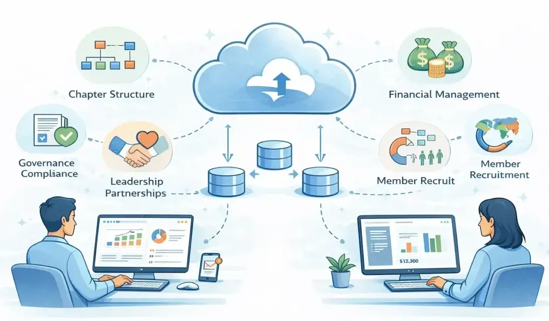 Overview of association chapter management covering governance, onboarding, operations, and performance tracking