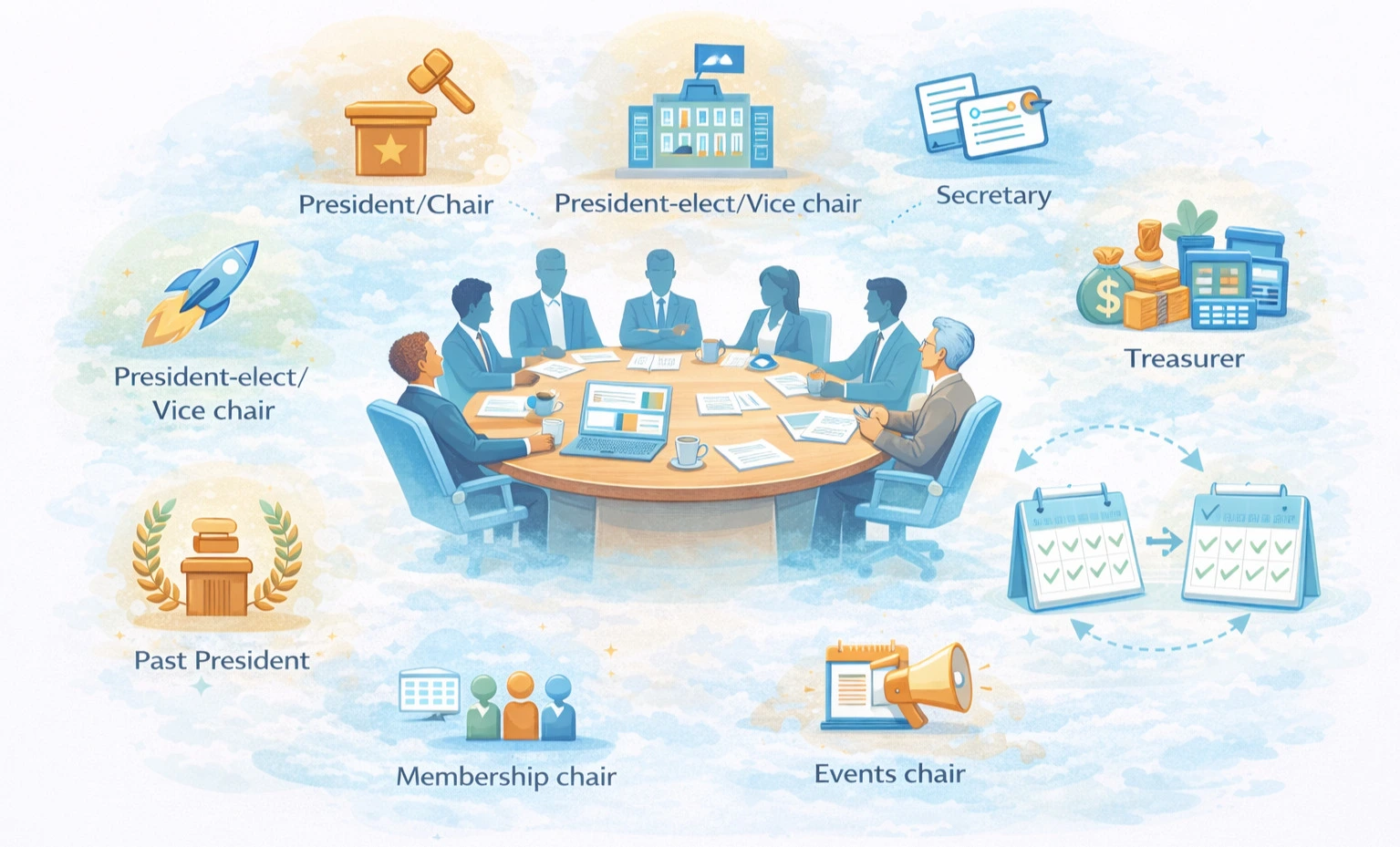 Recommended association chapter board structure with key roles including president, treasurer, membership chair, and events chair