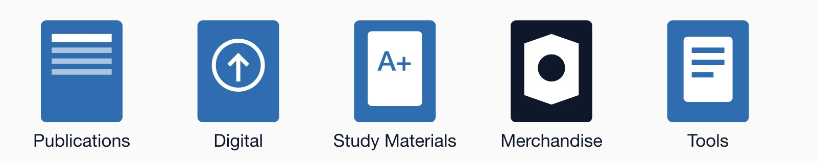 Five product categories: Publications, Digital, Study Materials, Merchandise, and Tools.