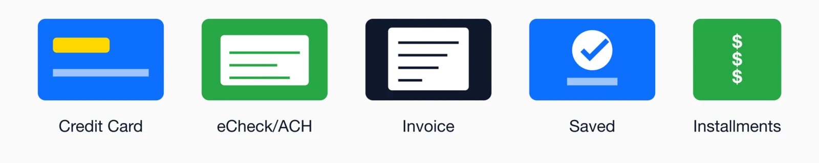 Payment method options including credit card, eCheck/ACH, invoice, saved methods, and installments.