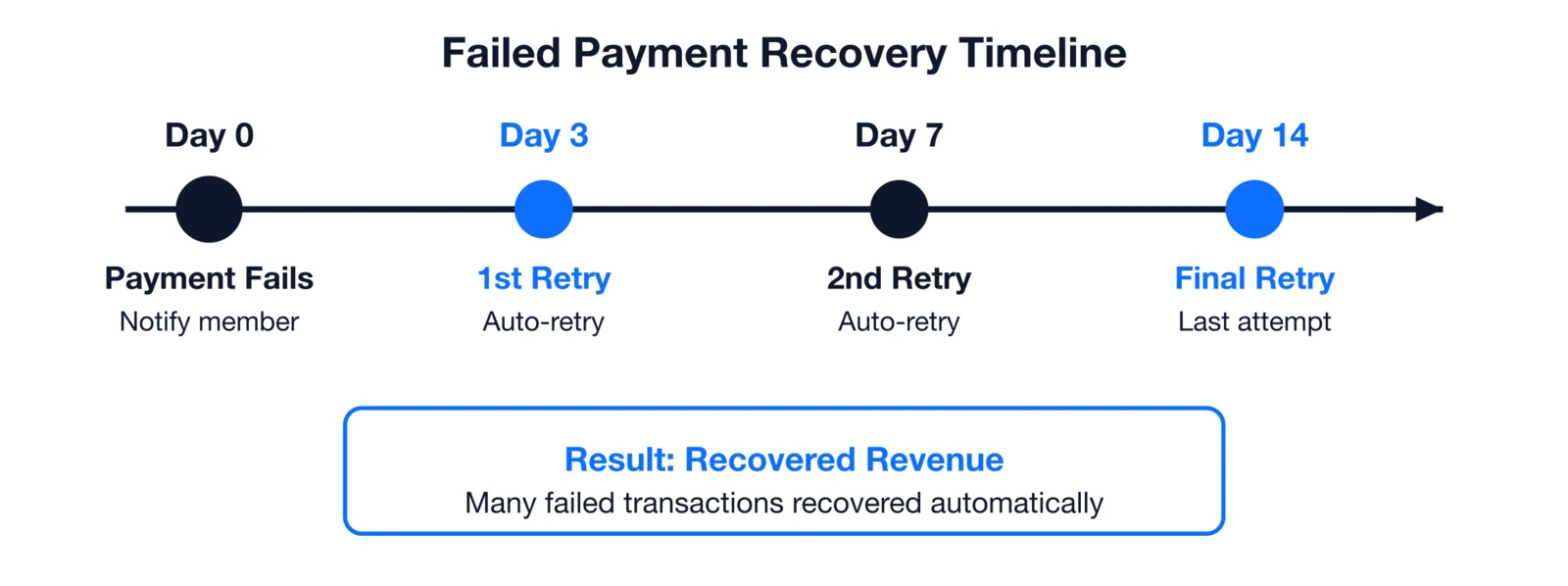 Failed payment recovery timeline showing automated retry sequence at Day 0, Day 3, Day 7, and Day 14.