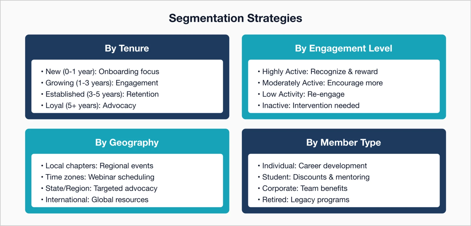 Membership segmentation strategies showing four approaches: By Tenure, By Engagement Level, By Geography, and By Member Type.