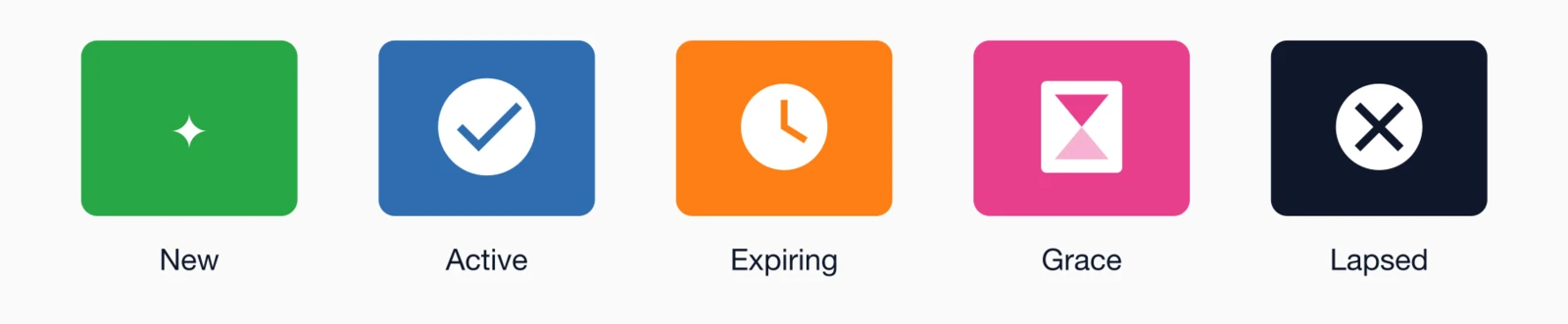 Member status segments: New (green star), Active (blue checkmark), Expiring (orange clock), Grace (pink hourglass).