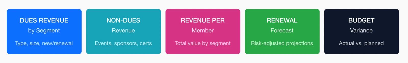 5 Essential Financial Reports: Dues Revenue by Segment, Non-Dues Revenue, Revenue Per Member, Renewal Forecast.