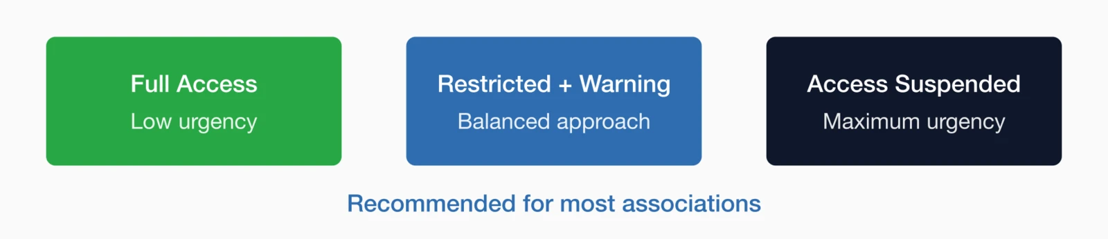 Three benefit access approaches during grace: full access, restricted with warning (recommended), and access suspended.