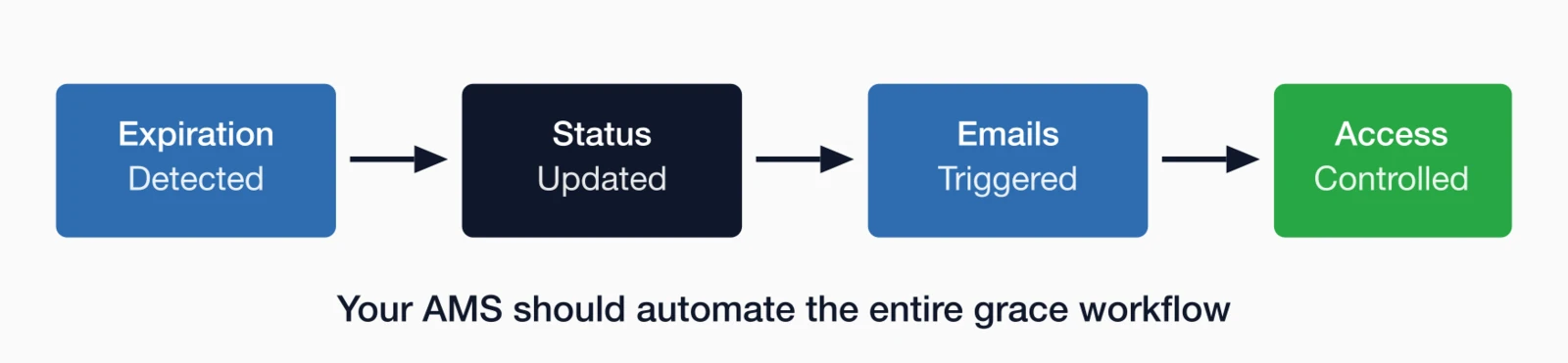 Automated grace period workflow: expiration detected, status updated, emails triggered, access controlled.
