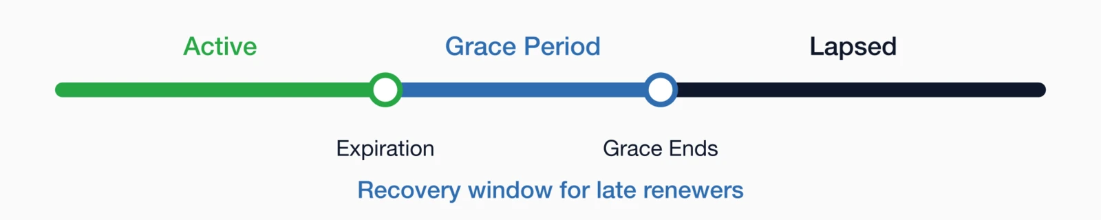Timeline showing active membership, grace period recovery window, and lapsed status.