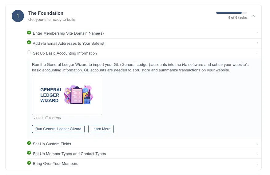 i4a Launchpad detail view showing step-by-step task checklist for new customer onboarding